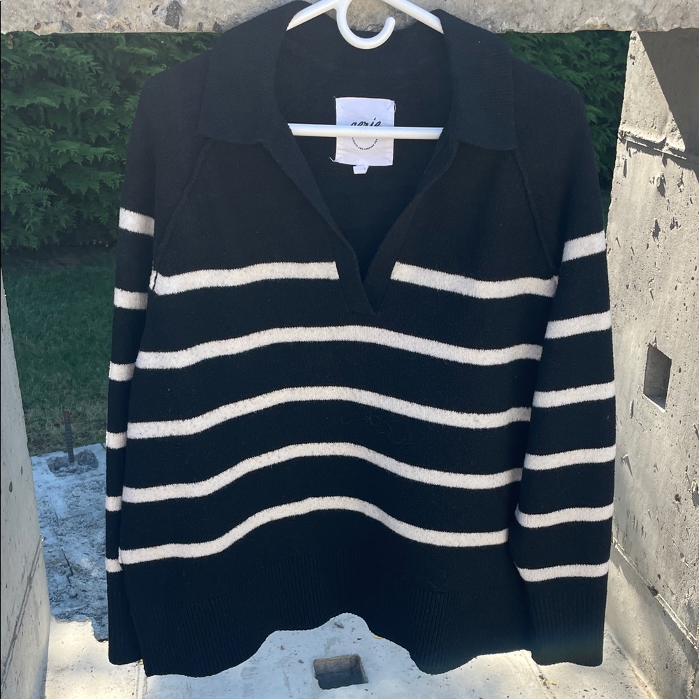 Aerie V-Neck Sweater with Black and Cream Stripes